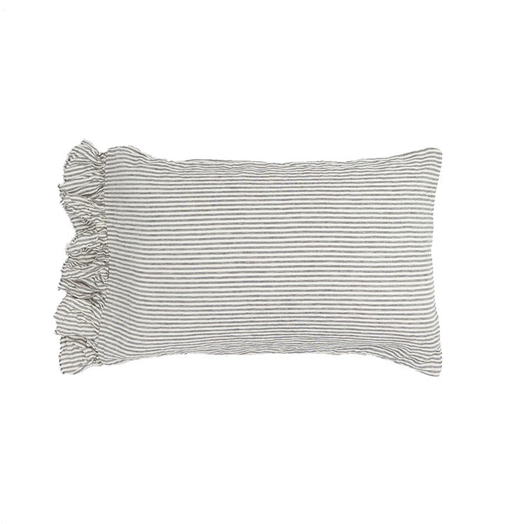 SOW charcoal stripe linen pillowcase set with ruffle