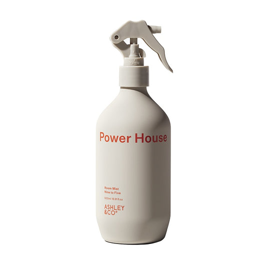 An all-round water based mist spray, power house can be used to freshen up the house, the car, the dogs' bed, the jacket from the night before...there are no limits.  Ashley & Co's Power House is a plush blend of geranium, blond tobacco, burnt birch, violet leaves and tonka beans.  Designed for a generous dose and daily use. This bottle will give approx 1,000 sprays.  Scent:  nine to five  Size:  500ml 