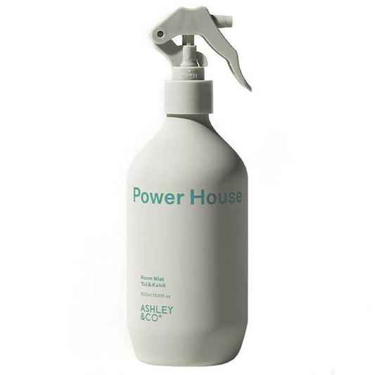 An all-round water based mist spray, power house can be used to freshen up the house, the car, the dogs' bed, the jacket from the night before...there are no limits.  Ashley & Co's Tui & Kahili Power House has a tropical overlay of wild spreading ginger and delicate lily, the scent also has calming tones of sandalwood and ylang ylang.  Designed for a generous dose and daily use. This bottle will give approx 1,000 sprays.  Scent:  tui & kahili   Size:  500ml 