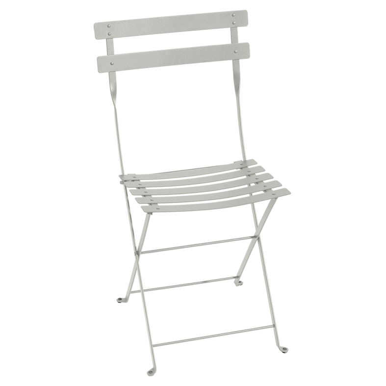 Classic outdoor folding bistro chair, made in France by the iconic French brand, Fermob.  The Bistro chair is designed to remain outdoors and is fully weather resistant. The chairs look great sitting around a small bistro table on a terrace or used them down a long banquet table under the vines! Dimensions: 38cm wide x 82cm high x 42cm deep  Colour: clay grey