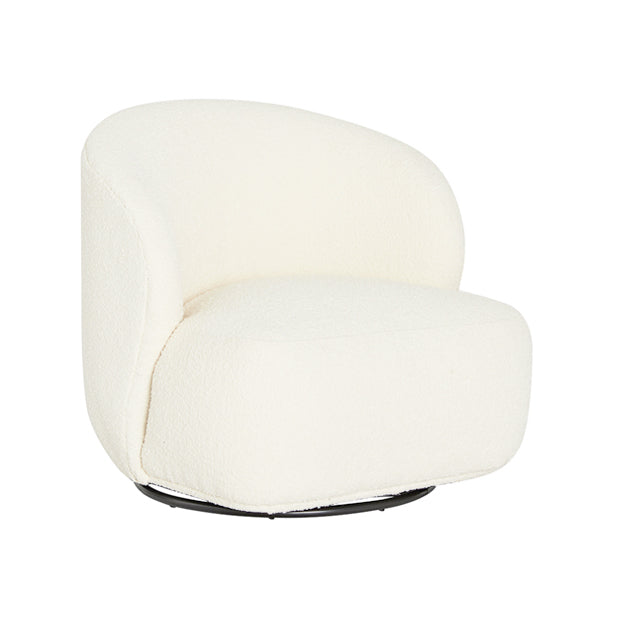This swivel chair is covered in a boucle fabric nd is on a fixed metal base, allowing the chair to spin making this a versatile chair for your living space.   Dimensions: 76cm wide x 80cm deep x 73cm high  Also available in beige and pebble colours.  Care instructions: Spot clean using a mild water-based solution or dry cleaning product. Treat spills and stains as they occur. Protect from direct sunlight, fire and heaters. 