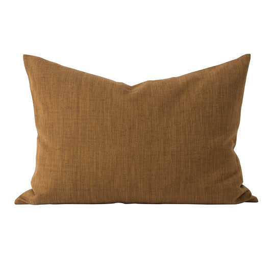 A gorgeous heavyweight hand woven cushion cover, featuring a warm earthy tone one side, and an off white colour on the other side.  Made of 50% linen and 50% cotton.  Colour: bronze  Dimensions: 50cm wide x 65cm long