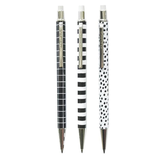 Boxed set of three black & white refillable mechanical pencils.  Dimensions: 12.5cm long