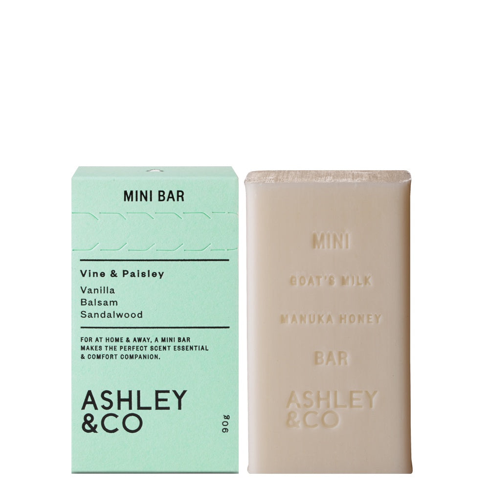 Ashley & Co's hand and body soap bar contains goat's milk and manuka honey to cleanse and calm your skin.  The mini bar is lightly fragranced with one Ashley & Co’s signature scents, Vine & Paisley, The scent has an earthy mix - notes of amber, vanilla, balsam and sandalwood.    Scent:  Vine & Paisley  Size:  90g