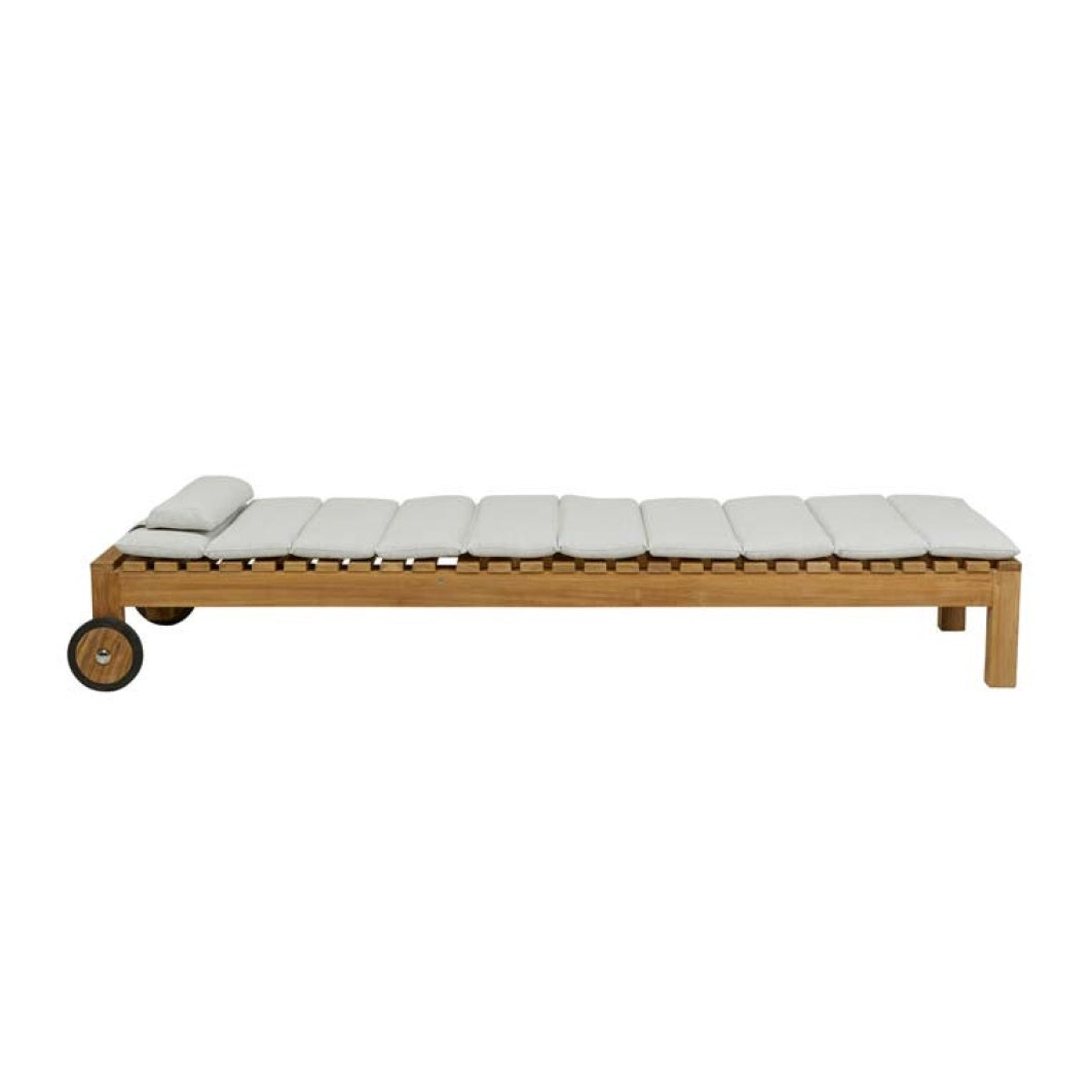 Teak outdoor lounger with tufted squab off white