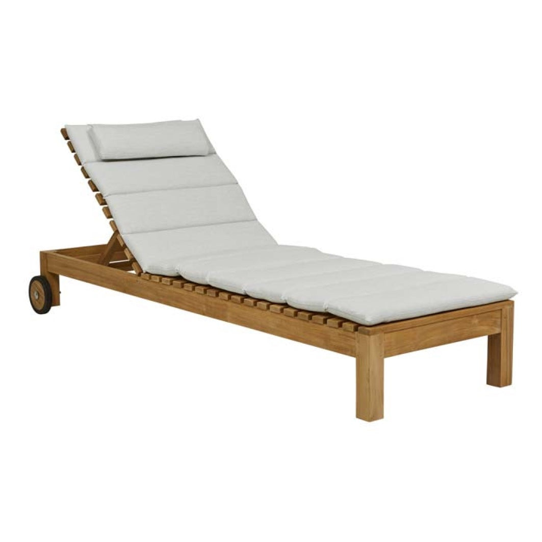 Teak outdoor lounger with tufted squab off white