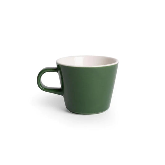 A fine, light cup, created by Acme for modern espresso. The 110ml Roman cup is ideal for serving espresso, or elegant fluffies! This cup is made from durable porcelain and glazed in stunning kawakawa green.  Dimensions: 5.6cm high x 7.1cm diameter, base diameter 3.9cm   Capacity: 100mls  Colour: kawakawa (green)  Dishwasher safe.