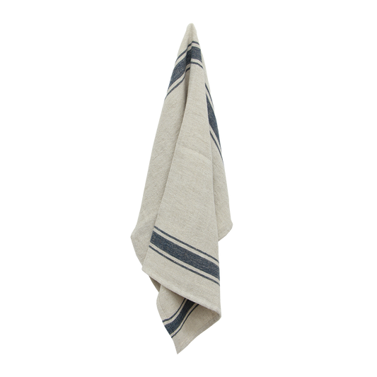 Linen natural striped tea towel navy