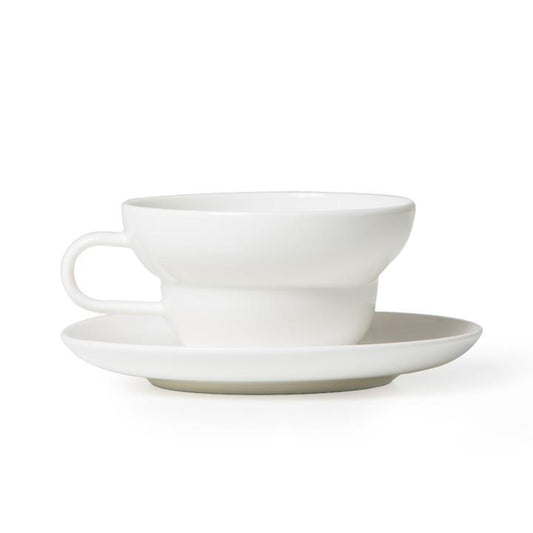 The Bibby cup design has a more confined space in the lower half, keeping the beverage warm while the top half cools the beverage a little faster.  These stackable cups are made from elegant, high quality, durable porcelain. Dishwasher safe.  Available in 3 colours.  Dimensions: tea cup - 10.5cm diameter x 6cm high saucer -15.5cm diameter  Capacity: 250mls  Colour: white (milk)