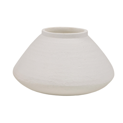 Unique in shape, this striking vase is made of terracotta.   Simplistically chic, with a matt white finish.   Dimensions: 39.5cm diameter x 22cm high 