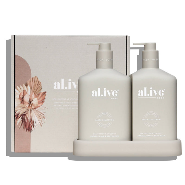 The Al.ive wash + lotion duo includes a bottle of hand & body wash, a bottle hand & body lotion and a matching tray.  The duo has a sea cotton and coconut scent, and features a luxurious blend of naturally derived ingredients, fortified with essential oils and native botanical extracts.  