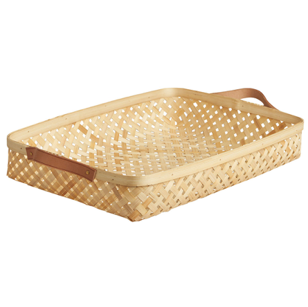 Woven natural bamboo basket featuring leather handles.  Dimensions: 42cm long x 28cm wide x 6cm high  Colour: natural 