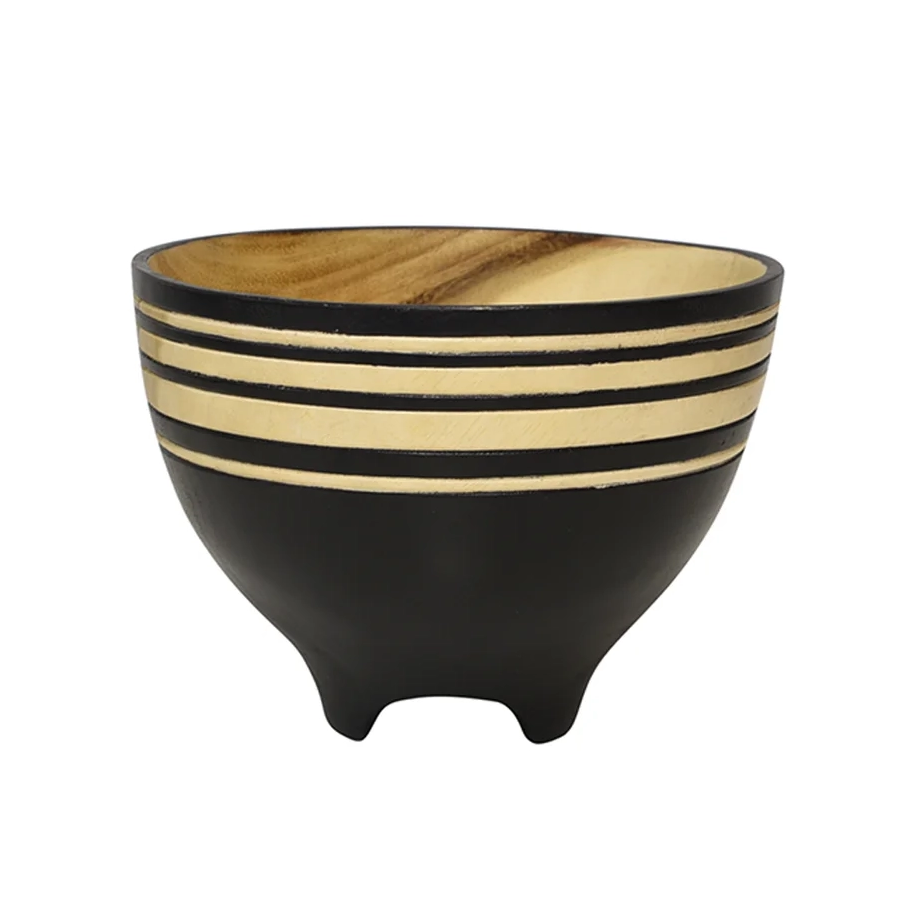 Stripe hand-carved mango wood bowl black 17cm