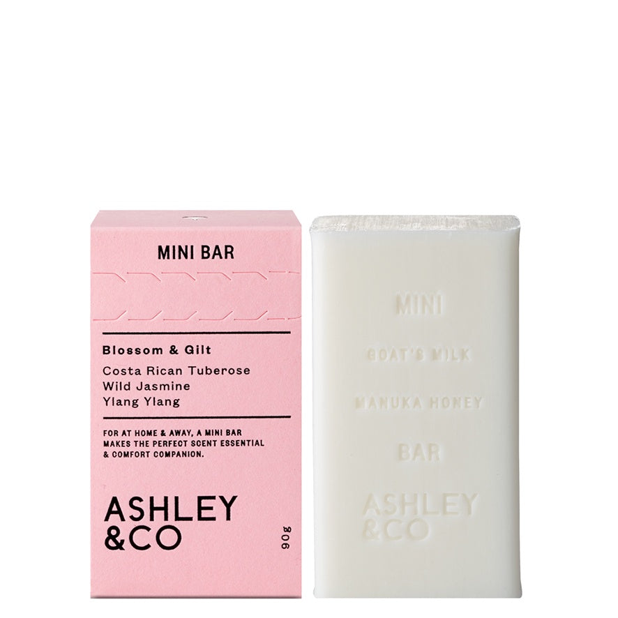 Ashley & Co's hand and body soap bar contains goat's milk and manuka honey to cleanse and calm your skin.  The mini bar is lightly fragranced with one Ashley & Co’s signature scents, Blossom & Gilt, smelling of Costa Rican tuberose and wild jasmine.     Scent: Blossom & Gilt  Size: 90g
