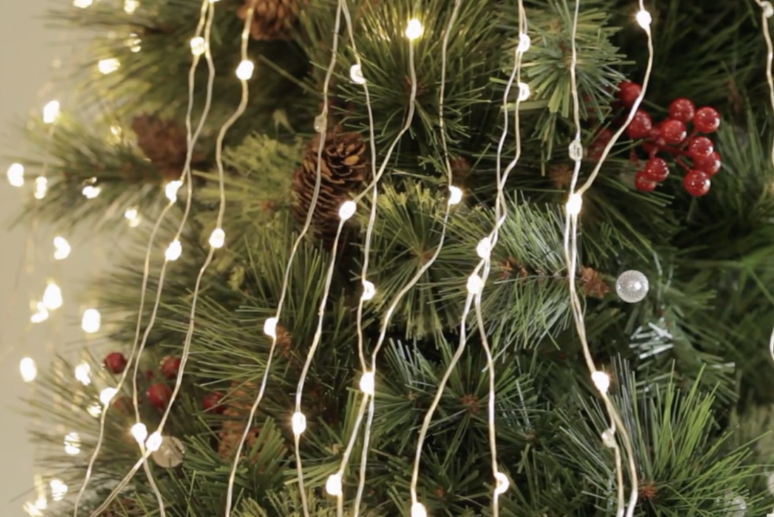 Christmas tree cascading fairy lights 18 strands silver green with