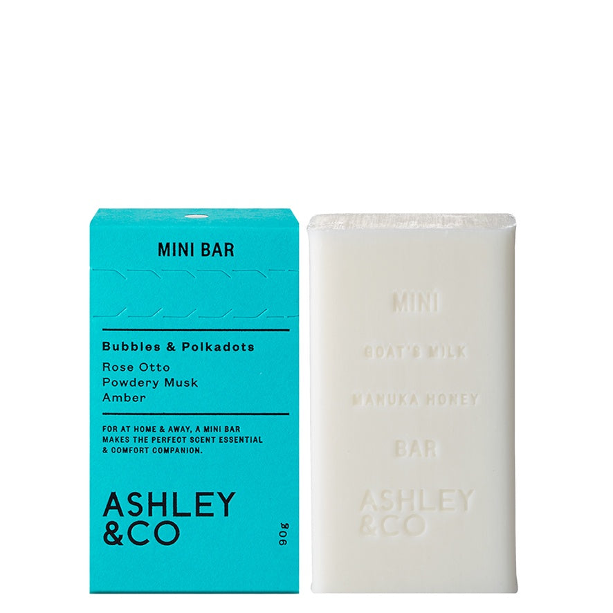 Ashley & Co's hand and body soap bar contains goat's milk and manuka honey to cleanse and calm your skin.  The mini bar is lightly fragranced with one Ashley & Co’s signature scents, Bubbles & Polkadots, like fresh garden roses mixed with soft powdery musk smells.   Scent:  Bubbles & Polkadots   Size:  90g