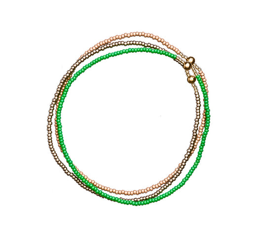 Set of 3 beaded bracelets green, gold & bronze