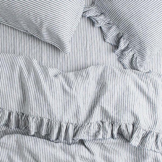 SOW denim stripe linen flat sheet with ruffle queen
