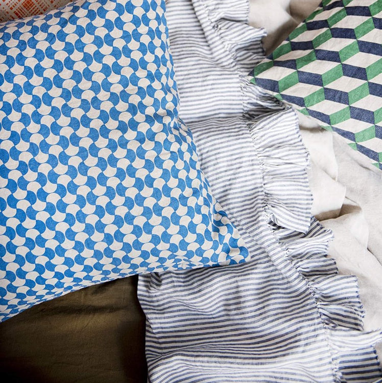 SOW denim stripe linen flat sheet with ruffle queen